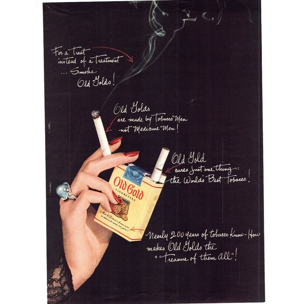 1950 Old Gold Cigarettes Lady's Hand Red Nail Polish Vintage Print Ad Wall Art